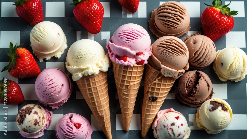 Poster assorted ice cream scoops in cones and fresh strawberries on a checkered background with copy space