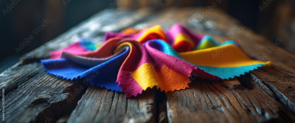 Poster vibrant fabric swatch in rainbow colors displayed on rustic wooden surface emphasizing texture and d