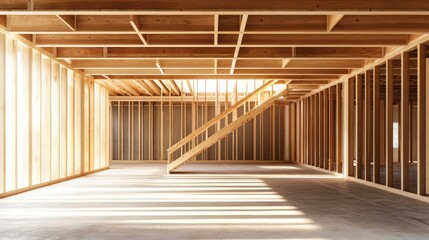 Fototapeta premium Wooden staircase framework under construction inside a house