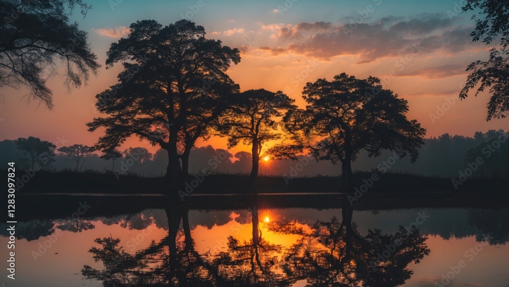 Poster silhouette of trees at sunset reflected on serene water surface with colorful sky and clouds in back
