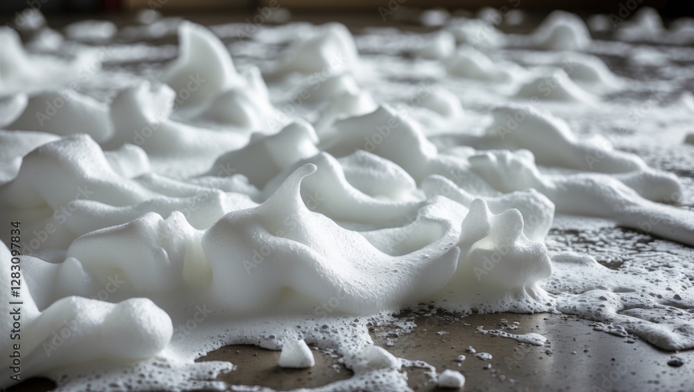 Aufkleber close-up of thick white foam spread across a surface with bubbles and texture creating an abstract p