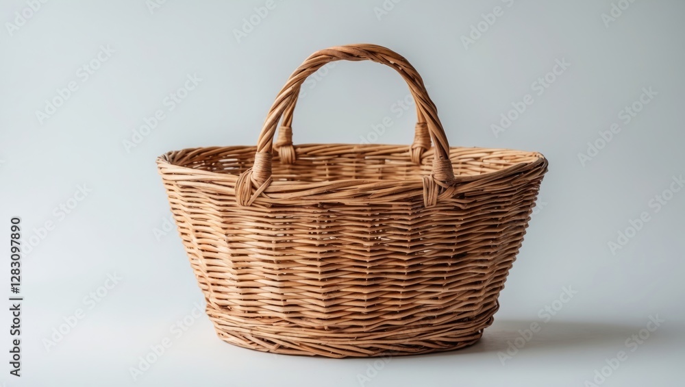 Poster woven rattan basket with handles on light grey background with ample copy space for text or design e