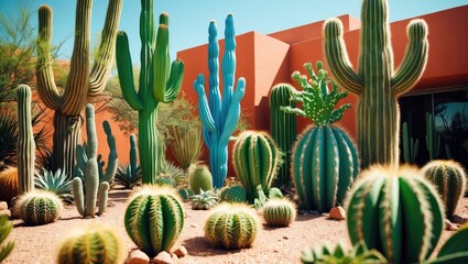 Vibrant desert landscape featuring various types of cacti in colorful hues with arid environment and soft sunlight Copy Space