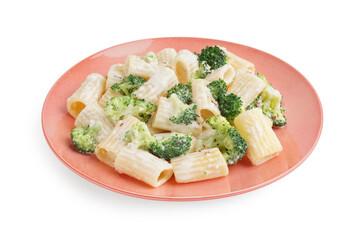Plate of tasty pasta with broccoli on white background