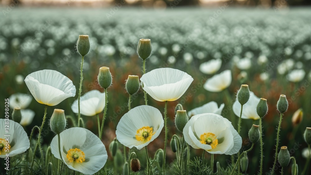 Poster field of white poppy flowers in bloom with soft background and natural light. copy space available f