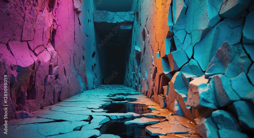Aufkleber colorful cracked wall with fractured pavement creating an abstract corridor emphasized by illuminate