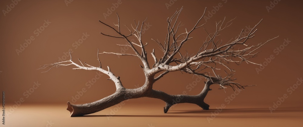 Poster dry artistic branch of a tree with unique shapes on a muted brown background showcasing natural text