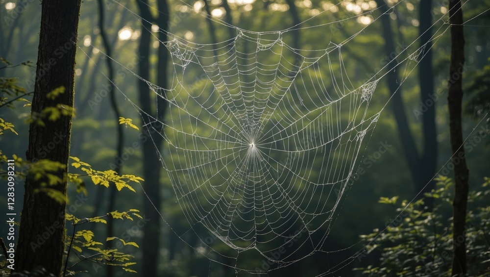 Poster close-up of a spider web with dew drops in a forest with foggy background and green foliage copy spa