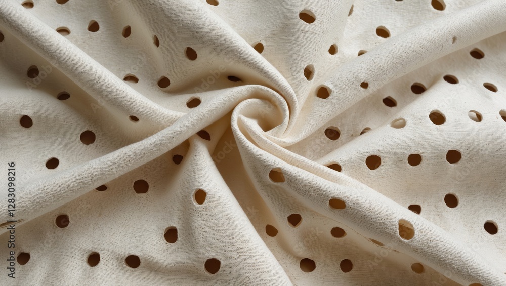Poster cotton fabric texture featuring perforated holes in a soft, creamy backdrop ideal for background and