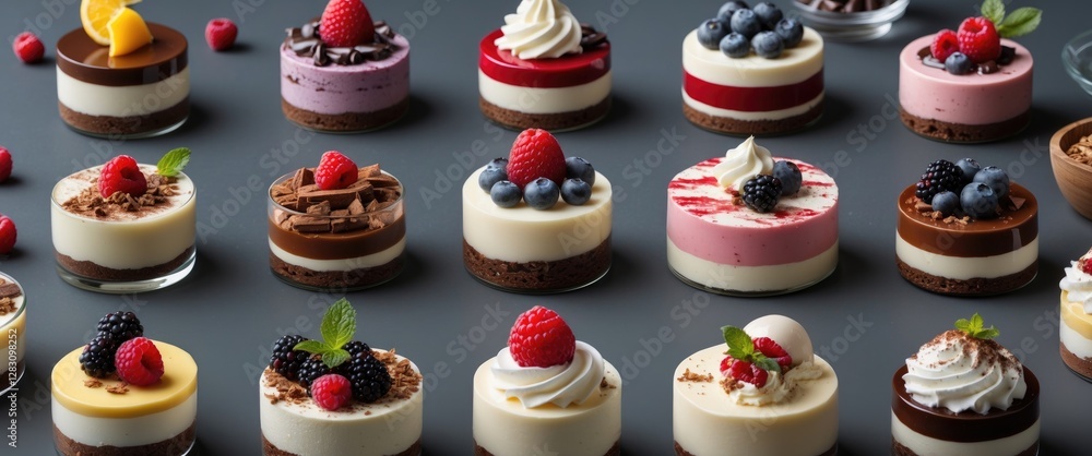 Poster assorted mini desserts displayed on dark table with copy space for text