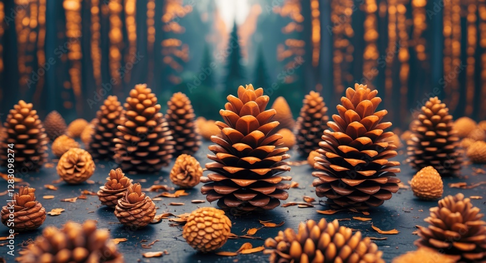 Poster elegant arrangement of brown pine cones in a forest setting with warm autumn hues creating a tranqui