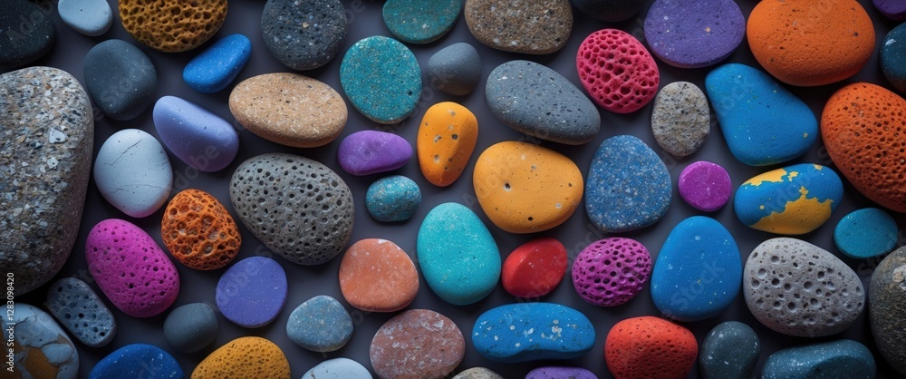 Poster vibrant collection of small colorful pebbles and stones arranged for artistic background texture and