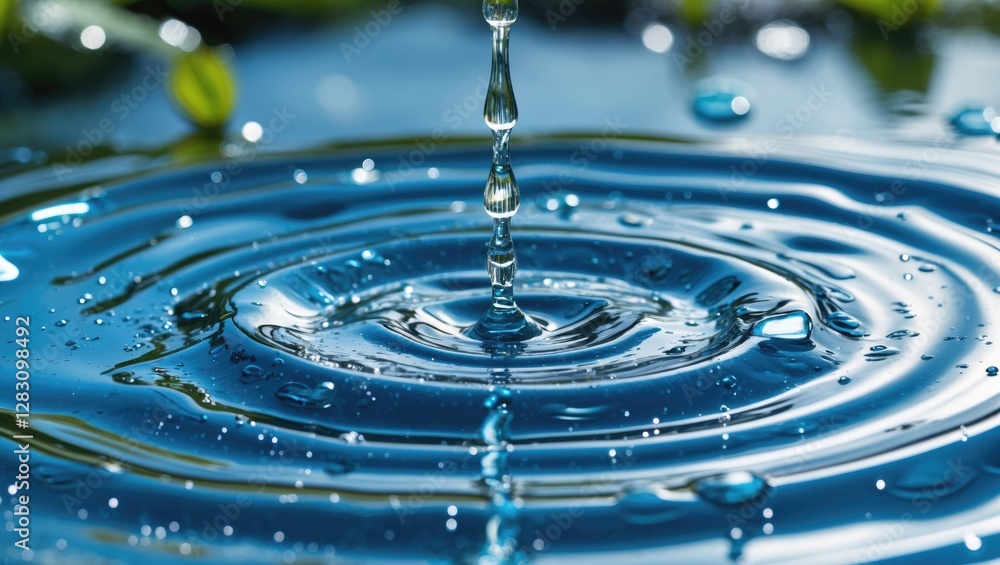 Poster close-up of water droplets creating ripples on a calm surface with reflections and bubbles in a blue