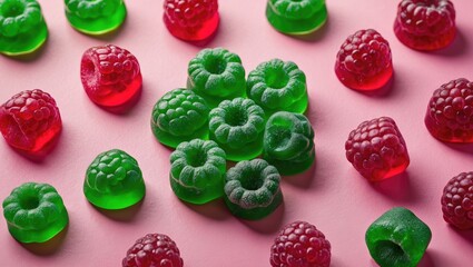 Colorful gummy raspberry candies on a pink background, featuring vibrant green and red gummies arranged in an appealing flat lay composition.