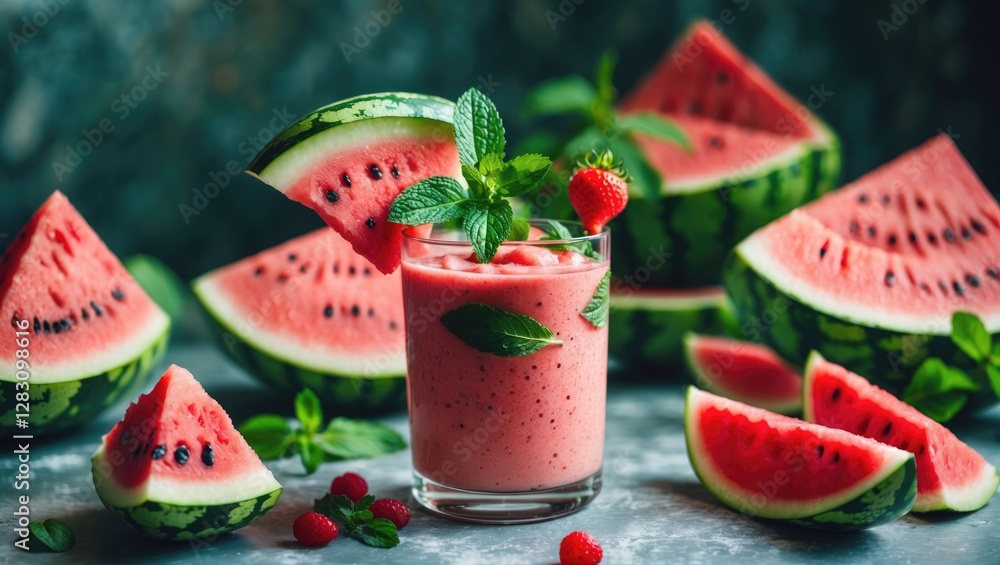 Poster fresh watermelon smoothie with mint and raspberries surrounded by watermelon slices on a textured ba