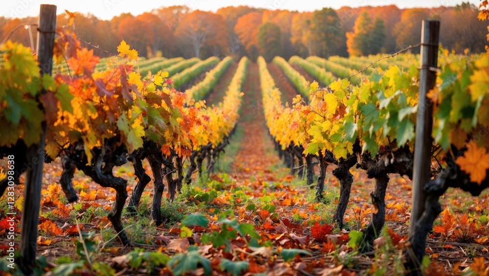 Poster vineyard rows with colorful autumn leaves in a scenic landscape under clear skies with trees in the 