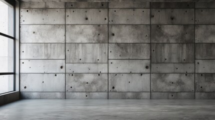 Industrial concrete wall texture with polished floor and large window showcasing minimalistic urban design and modern architectural elements.