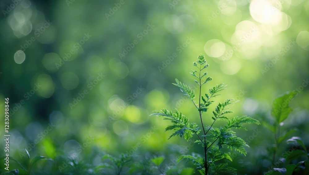 Poster lush green foliage with soft bokeh background creating a serene natural light ambiance suitable for 