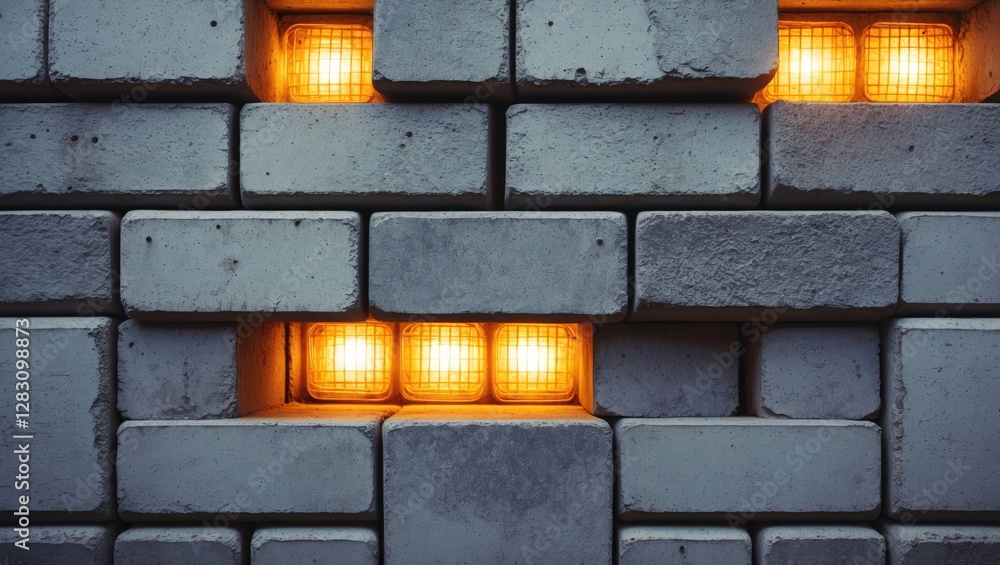 Poster concrete brick wall with illuminated textures featuring warm lighting and tiled arrangement for back