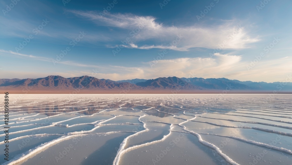 Poster expansive salt flats landscape with intricate patterns under a clear sky and distant mountains in th