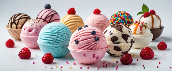 Colorful assortment of ice cream scoops with various flavors and toppings arranged on a white background with fresh raspberries and sprinkles Copy Space