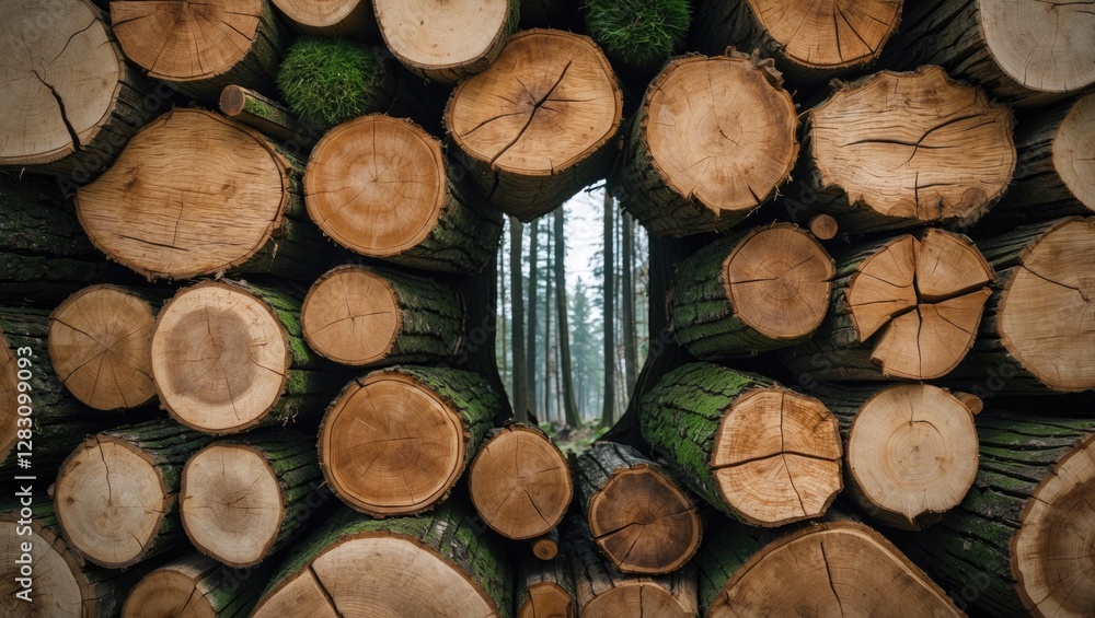 Poster wooden logs stacked in a forest creating a natural frame showcasing tree trunks and greenery in the 