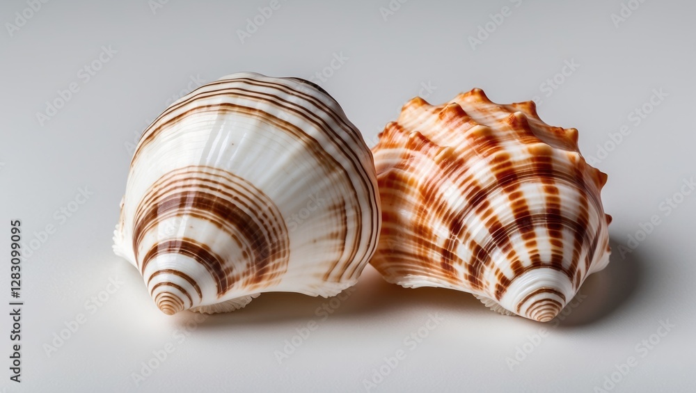 Poster two decorative seashells with striped patterns on a light background, showcasing intricate details a