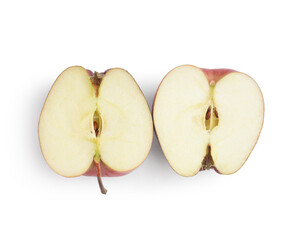 Halves of fresh red apple on white background