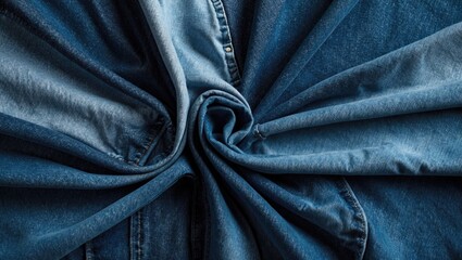 Naklejka premium Denim fabric texture in a spiral arrangement showcasing varying shades of blue for fashion and textile backgrounds.