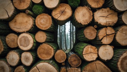 Wooden logs stacked in a forest creating a natural frame showcasing tree trunks and greenery in the background.