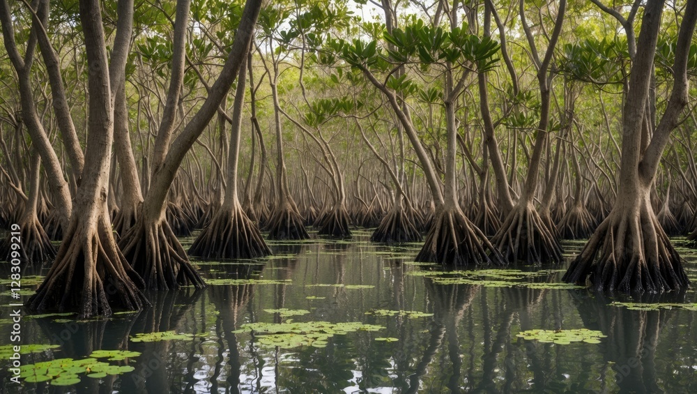 Poster mangrove forest with dense tree trunks and roots surrounded by calm water with floating lily pads an