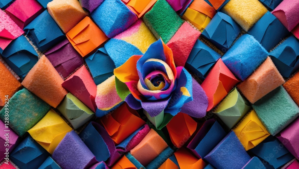 Poster vibrant textile pattern featuring colorful felt pieces and a decorative felt flower adding depth and