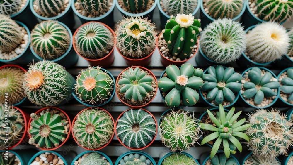 Aufkleber collection of various cacti and succulents in colorful pots arranged on a shelf with natural lightin