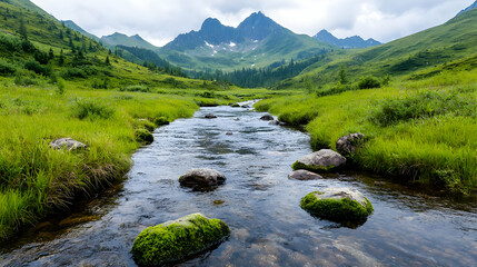 Mountain stream flows through green valley. Nature background for travel brochure