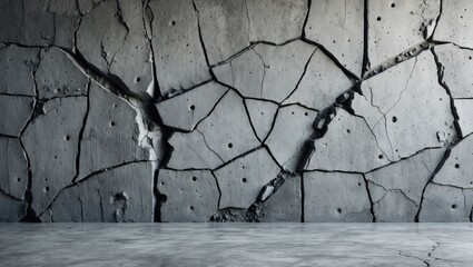 Cracked concrete wall with a gray cement surface creating a textured industrial background for design or architectural projects