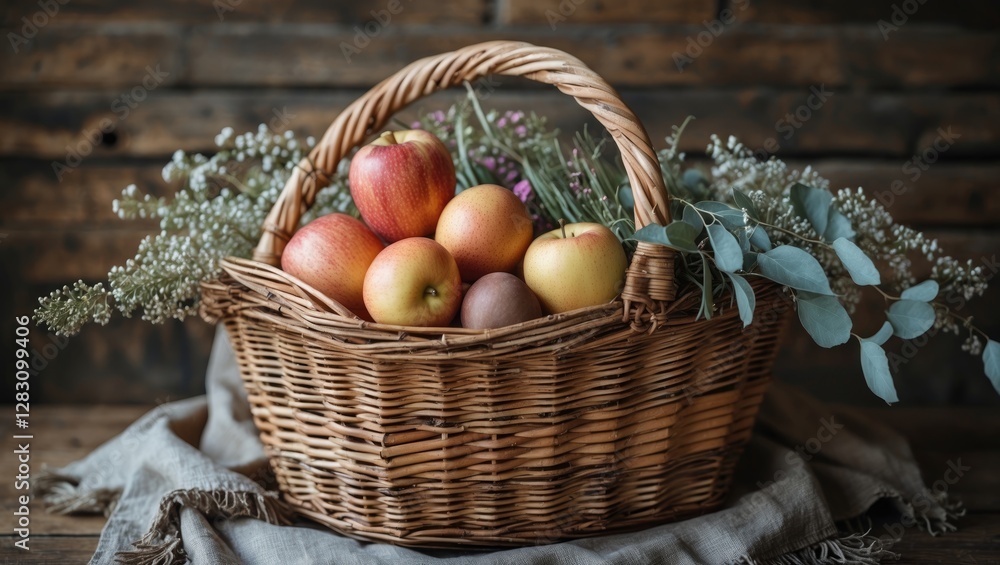 Poster basket of fresh apples with greenery on rustic wooden background with copy space