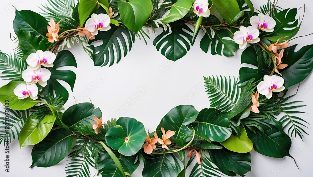 Poster lush tropical foliage and elegant orchids arranged in a heart-shaped frame with copy space for text 