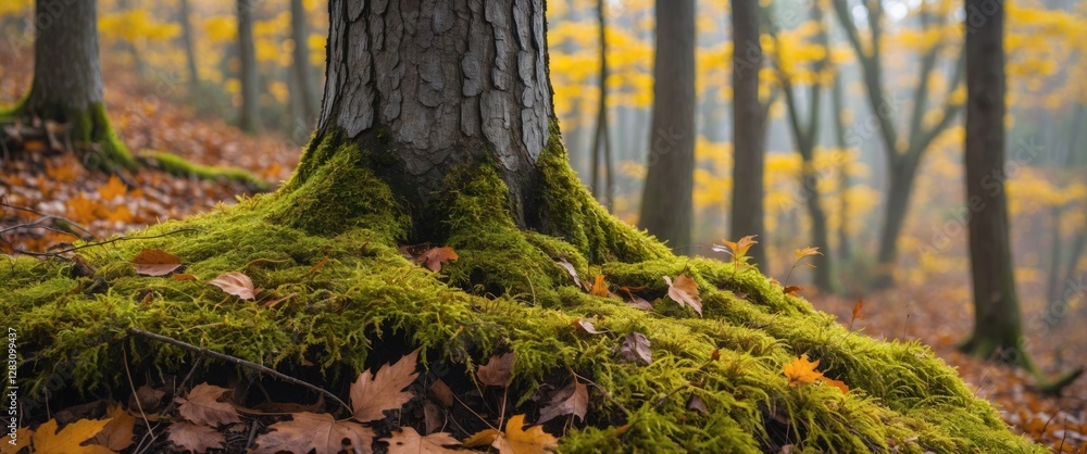 Poster moss-covered tree roots in a dense forest with autumn foliage and soft sunlight filtering through th