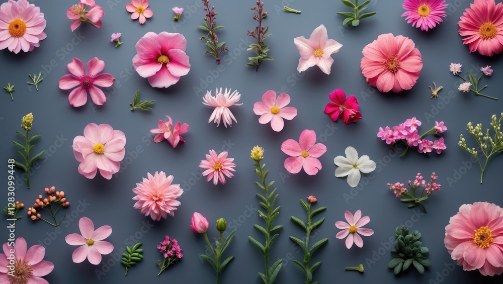 Poster flat lay arrangement of assorted pink flowers and leaves on a blue background with ample copy space 