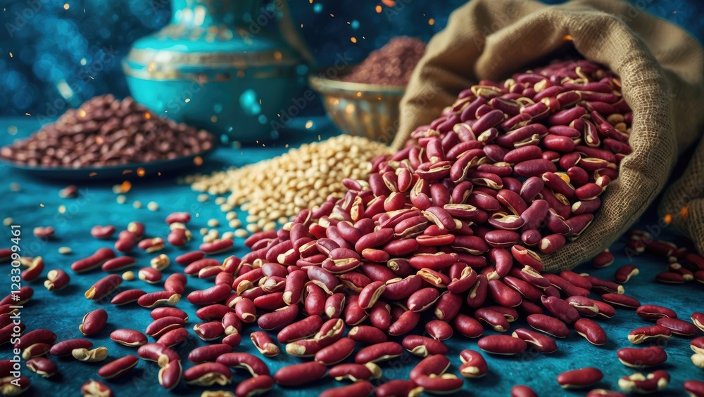 Poster assorted dried beans spilling from a burlap sack with a textured blue background creating a rich cul