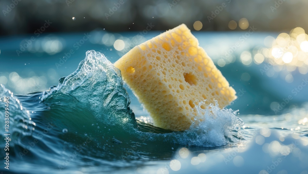 Poster bokeh effect featuring a yellow sponge in ocean waves ideal for website banners and artistic montage