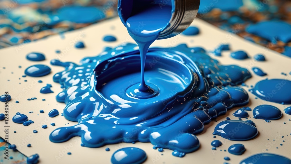 Aufkleber pouring vibrant blue paint onto canvas creating artistic splashes and textures with vivid color cont