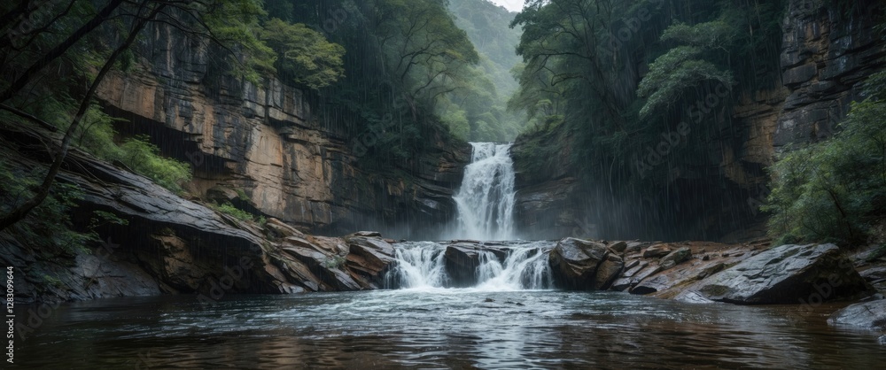 Poster waterfall cascading into calm pool surrounded by lush greenery and rocky cliffs during overcast weat