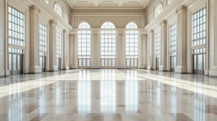A legislative hall with polished marble floors and tall windows. Featuring elegance and openness