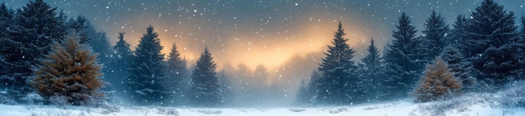 Magical winter forest with snow and trees illuminated by light. Generative AI