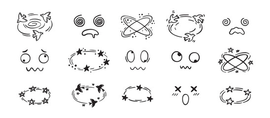 Dizzy effect drawing hand drawn doodle cartoon set. dizzy faces, birds and stars overhead emotions drawing.