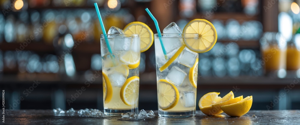 Poster two refreshing lemonade cocktails with ice and lemon slices on a bar counter with copy space for tex