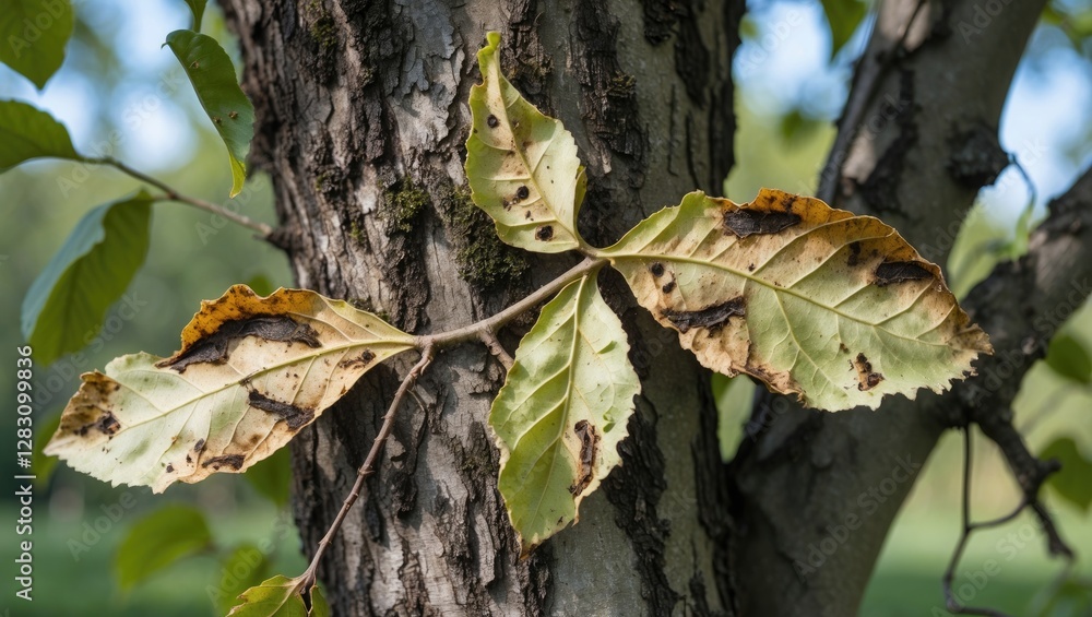 Poster dry and damaged leaves on a tree trunk showcasing natural decay and texture with green background an