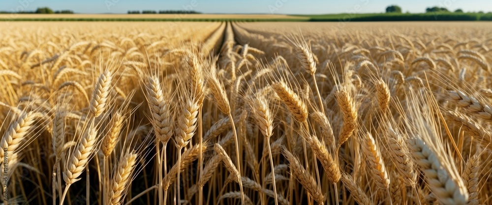 Poster wheat field during golden hour with ripe wheat stalks close-up and a clear horizon in the background