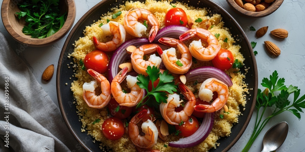 Poster couscous with roasted shrimps tomatoes and almonds in a bowl with fresh parsley on top and empty spa